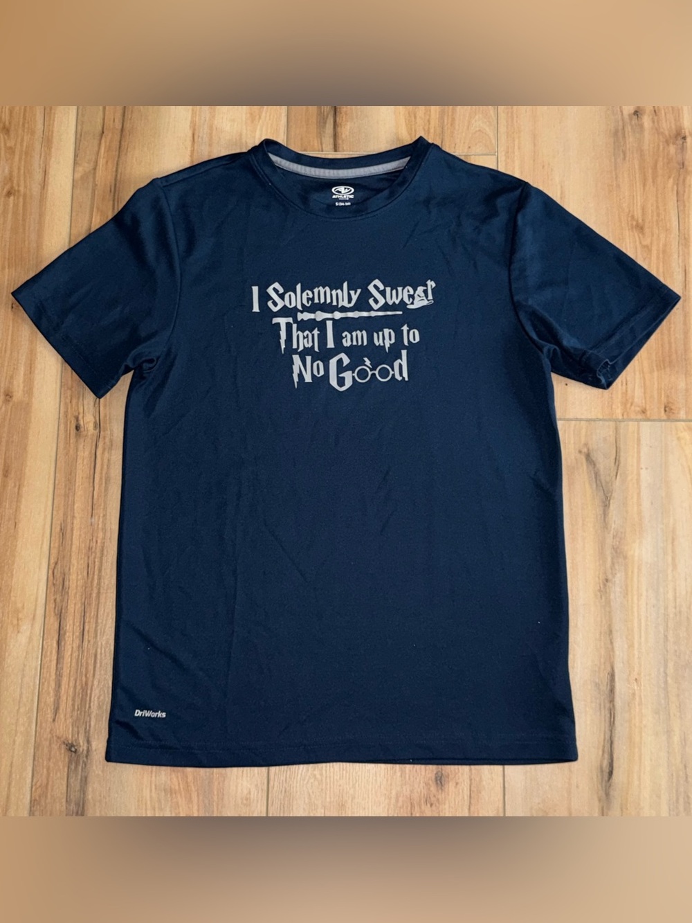Men's Small Navy Graphic DriFit Tee - I Solemnly Swear That I Am Up To No Good
